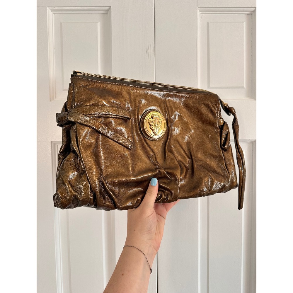Gucci Hysteria Metallic Bronze Patent Leather Crest Clutch Bag 197015 - Picture 4 of 12